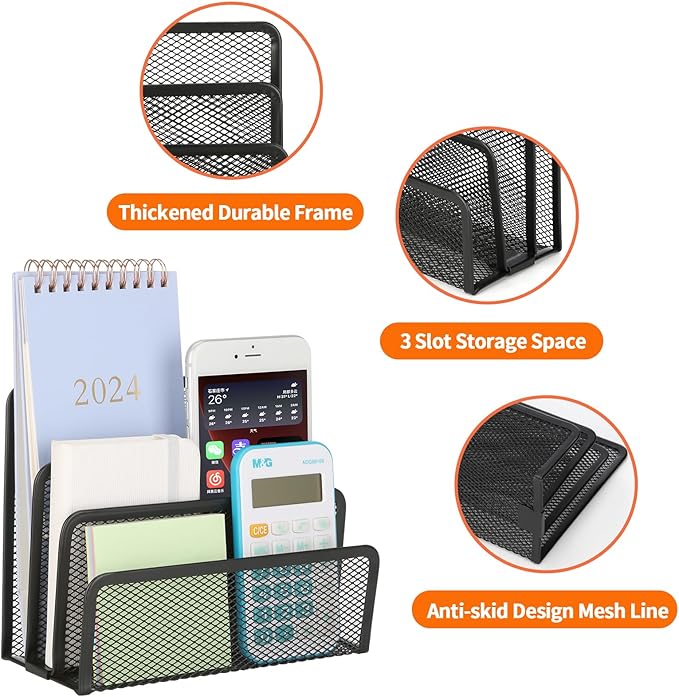 2 Pieces Desk Mail Organizer, Metal Mesh Small File Holders Letter Organizer, Bill/Document/Filing/Folders/Paper Organizer for Desktop (BLACK-2PCS)