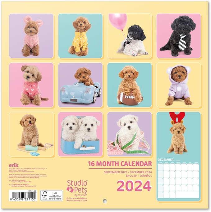Official Studio Pets Dogs Wall Calendar 2024 12" x 12" FSC® Plastic Free - Starts Week On Sunday | 12 Month Planner | Square Wall Calendar 2024 | Family Planner Calendar 2024 | Poodle Calendar 2024 |