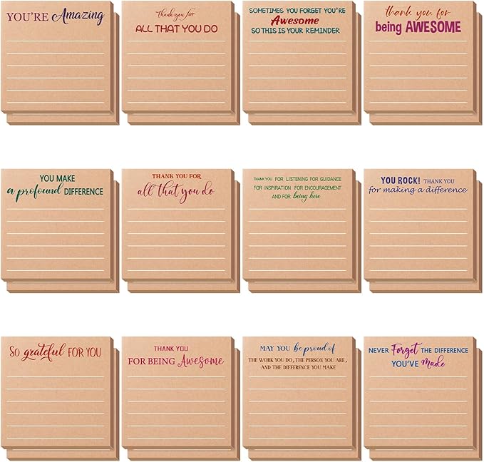 Yinder 24 Pcs Employee Appreciation Sticky Notes Thank You Gifts Bulk Note Pads with Sayings Teacher Gift Mini Pocket Inspirational Notepads for Coworker Office Supply 3 x 3''(Kraft Color,Thanks)
