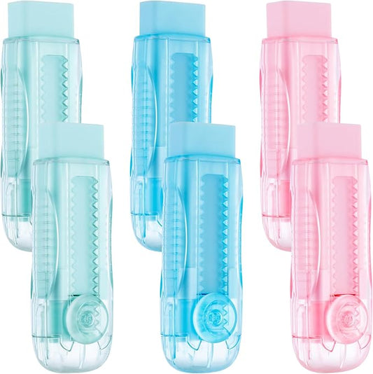 M&G 6 Pack Rubber Erasers Sliding Retractable Eraser, 3 Colors Soft Cute Erasers Push Pull Large Pencil Eraser with Transparent Plastic Sleeve for Students Kids, School Office Home Supplies