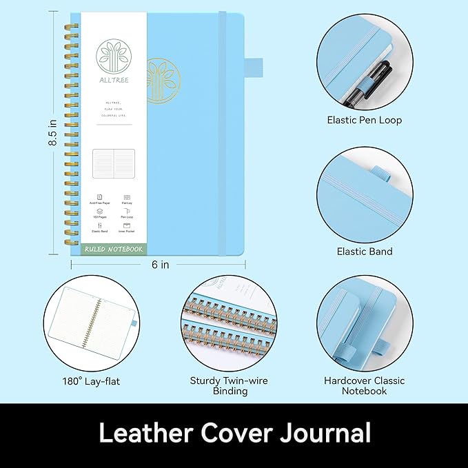 Alltree Lined Journal Notebook, Spiral Notebook for Work, Hardcover Spiral Notebook with Tabs, Pen Loop, Pocket, Stickers, 160 Pages, Journal for Women & Men, Sky Blue(6"x8.5")