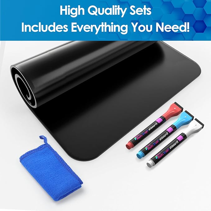 MaxGear Magnetic Black Dry Erase Board Sheet 12"x8" for Refrigerator, Small Fridge Magnetic Whiteboard for Kitchen, Fridge Shopping List for Family Planner and Grocery List, 3 Chalk Markers