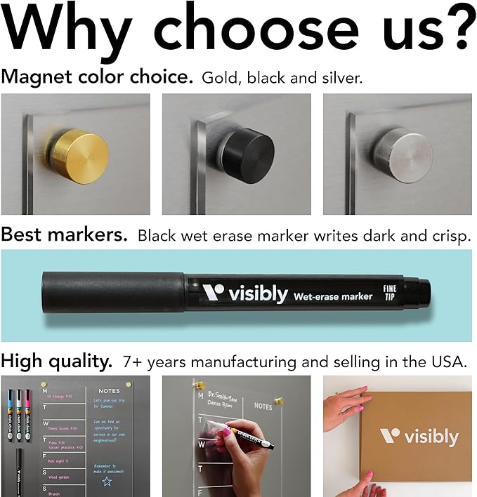 Magnetic Acrylic Weekly Calendar for Fridge, Weekly Meal Planner with Notes, Includes 4 Magnetic Wet-Erase Markers for Refrigerator, 9" X 12" | Gold Hardware