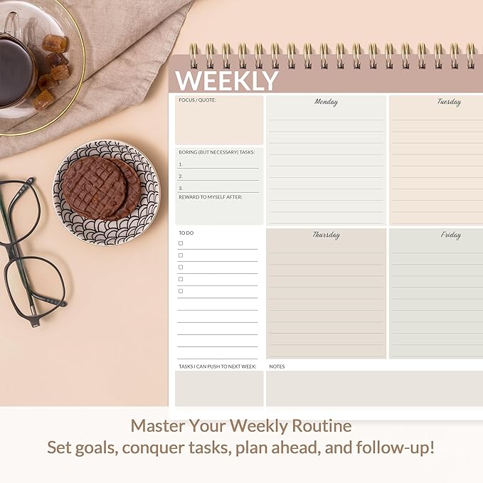 SUNEE Weekly To Do List Notepad - Last for 2 Years, 52 Undated Sheets, 8.5"×11", Spiral Weekly Desk Planner Pad for Adults and Kids, School, Home & Office - Brick Red