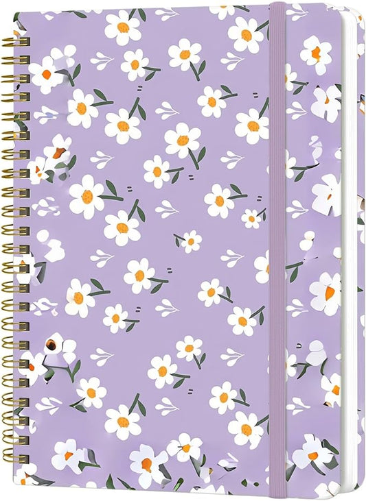 Spiral Notebook - A5 Spiral Notebooks, 8.3'' × 5.8'', 160 Pages, Aesthetic Journaling Notebooks for Women, College Lined Notebook with Elastic Closure, Back Pocket, for School Office, Purple Flower