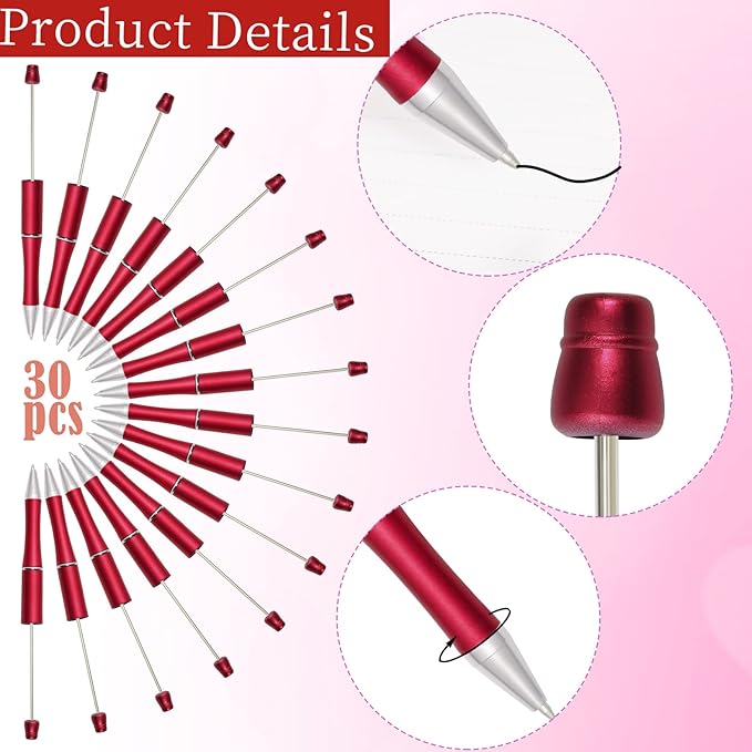 jiebor 30Pcs Red Beadable Pens Plastic Bead Pen Black Ink Ballpoint Pens Diy Pens Cute Cool Pens for Teacher Bridal Graduation Gift Office School Supplies