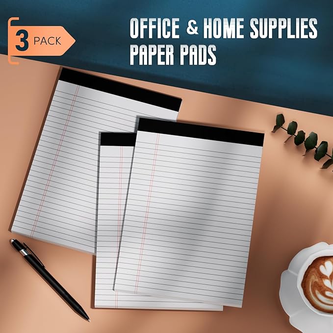 3 Pack White Legal Pads 8.5 x 11 Note Pads, Wide Ruled Notepads, Micro Perforated Lined Note Writing Pads 30 Sheets per Notepad Double-Side Printed Legal Note Pad 8.5x11'' for Home, Office, School