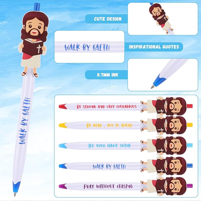 Christian Pens Sets Jesus Gifts Bulk Include Little Jesus Figures Ballpoint Pen and Bible Verse Bookmarks Bible Verse Inspirational Pens for Baptism Gift Sunday