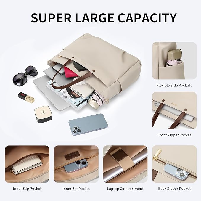 Laptop Shoulder Bag 14 Inch, Computer Shoulder Bag Large Work Tote Bag for Women, Laptop Carrying Case Stylish Handbag for Business Travel (Apricot)