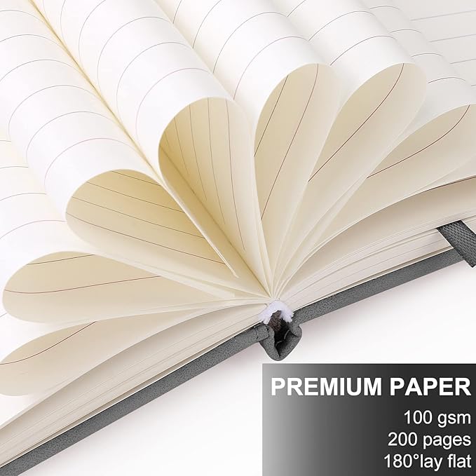 A5 Leather Journal Notebook with Pen, 200 Pages Hardcover Journal with Pocket, 100gsm Thick Lined Paper Daily Diary for Men and Women, Great Gift for Business School Travel Personal - Gray