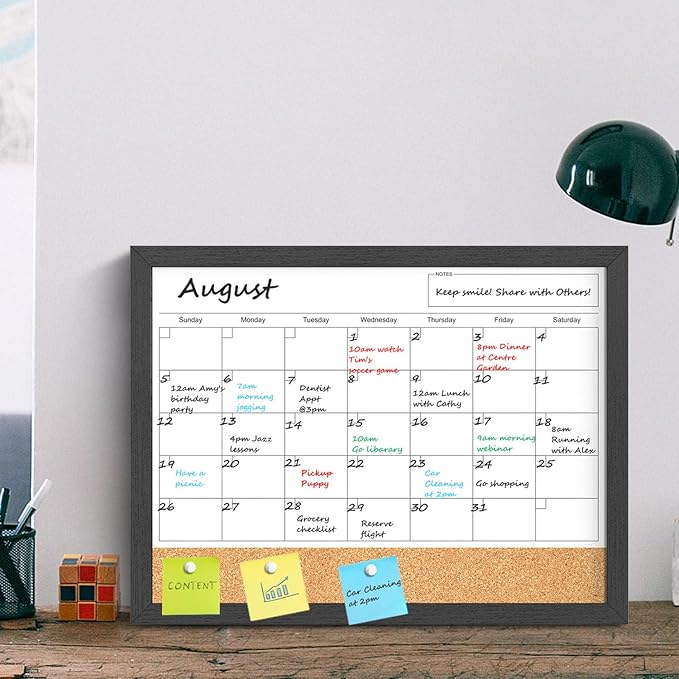 Dry Erase Calendar for Wall, 18x24 Inches Dry Erase Calendar Cork Board Combo, Magnetic White Board with Wood Framed, Hanging Dry Erase Board for Planner Home Office Kitchen Memo