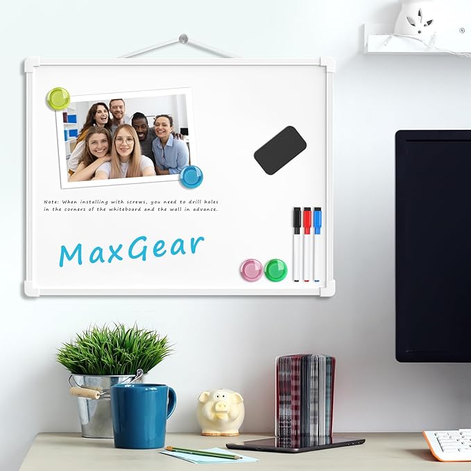 MaxGear Double-Sided Dry Erase Board for Wall, 16"x12" Hanging Whiteboard, Small Dry Erase White Board with 3 Markers&4 Magnets, Portable Whiteboard for Students - Planning, Drawing, Memo, to Do List