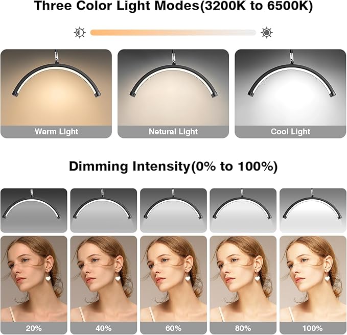 Lash Light for Eyelash Tech with Wheels, Half Moon Light for Lashes, Nails and Estheticians, LED Floor Lamp Adjustable Brightness and Color Modes (Black)