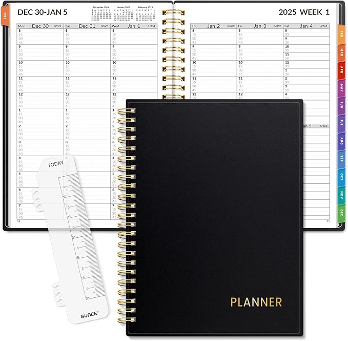 SUNEE 2025 Appointment Book, Quarter-Hourly, Weekly & Monthly - from January 2025 - December 2025, 6.4"x8.3" Weekly Planner, Flexible Cover, Note Pages, Pockets, Bookmark, Spiral Binding, Black