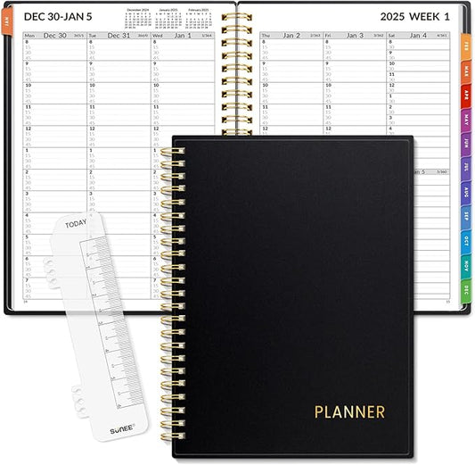 SUNEE 2025 Appointment Book, Quarter-Hourly, Weekly & Monthly - from January 2025 - December 2025, 6.4"x8.3" Weekly Planner, Flexible Cover, Note Pages, Pockets, Bookmark, Spiral Binding, Black
