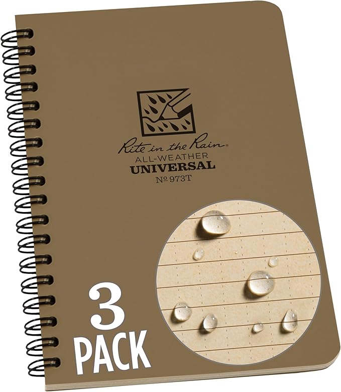 Rite in the Rain Weatherproof Side Spiral Notebook, 4.625" x 7", Tan Cover, Universal Pattern, 3 Pack (No. 973TL3)