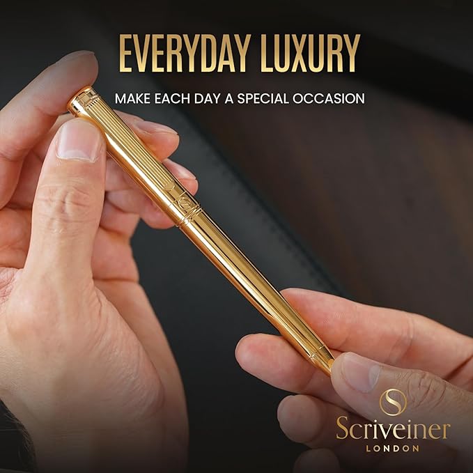 Scriveiner Gold Ballpoint Pen - Stunning Luxury Pen with 24K Gold Finish, Schmidt Black Refill, Best Ball Pen Gift Set for Men & Women, Professional Executive Office, Nice Fancy Designer Pens