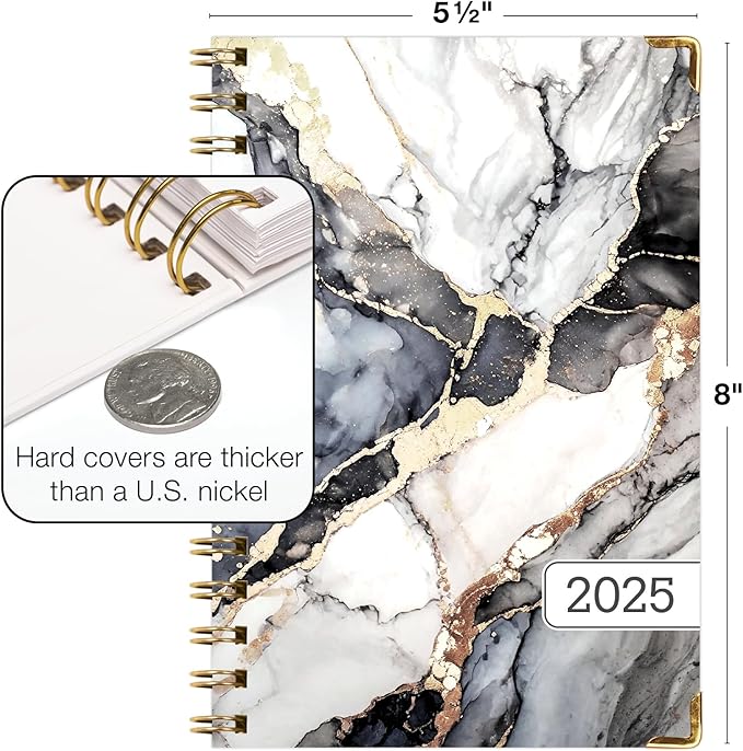 HARDCOVER 2025 Planner, 5.5"x8": 14 Months (November 2024 - December 2025), Daily Weekly Monthly Planner, Yearly Agenda, Bookmark, Pocket Folder and Sticky Note Set (Black Gold Marble)