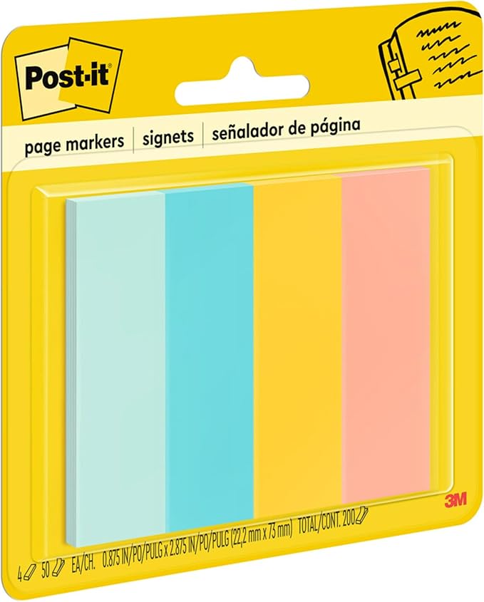 Post-it Page Markers, Assorted Colors, 1 in x 3 in, 50 Sheets/Pad, 4 Pads/Pack (671-4AF)