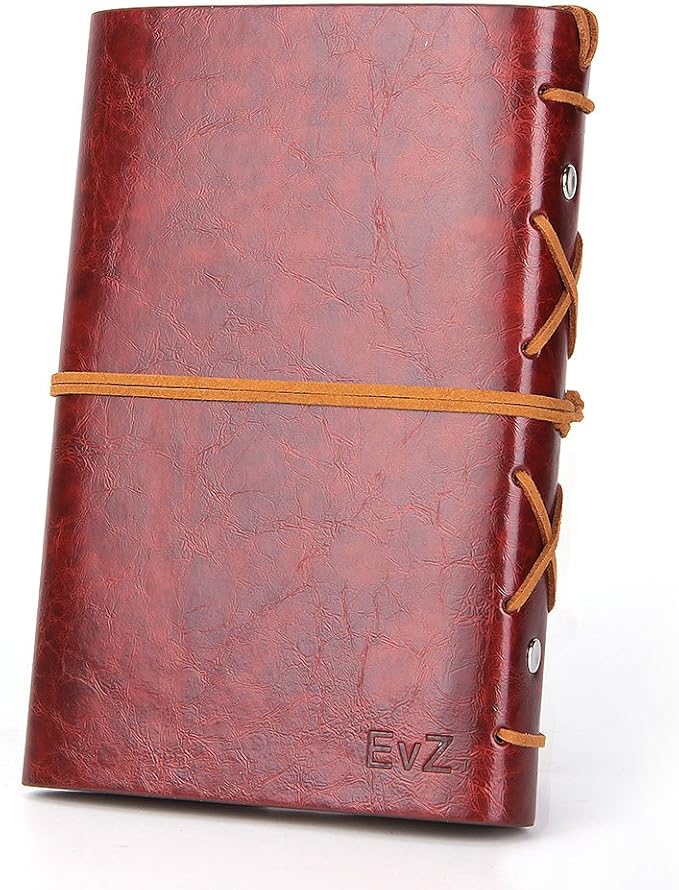 EvZ Leather Writing Journal Notebook, 5 Inches Vintage Nautical Spiral Blank String Diary Notepad Sketchbook Travel to Write in, Unlined Paper, Retro Pendants, Classic Embossed, Red Brown