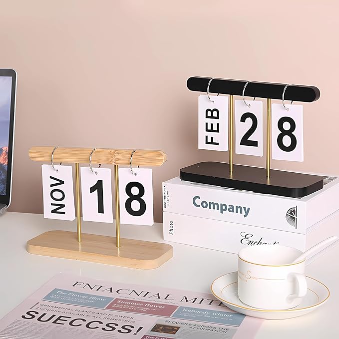 Perpetual Daily Flip Calendar for Desk Reusable Office Desktop Decor Home Accessories Photography Props (Wooden)
