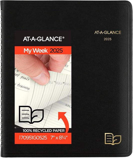 AT-A-GLANCE 2025 Appointment Book Planner, Weekly & Monthly, 7" x 8-3/4", Medium, Quarter-Hourly, Recycled, Black (70951G0525)