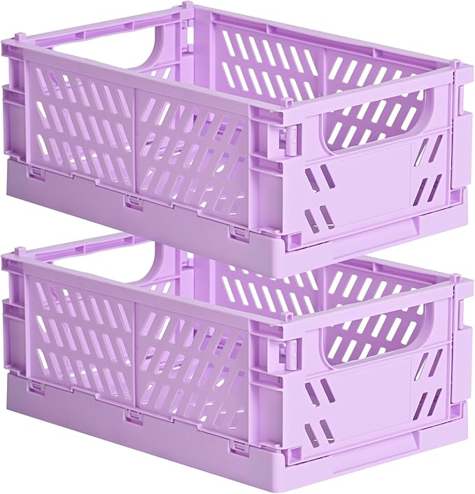 2-Pack Small Pastel Plastic Storage Baskets, Collapsible Crates for Organizing, Space-Saving Mini Bins for Classroom, Kitchen, Office, Bedroom (Purple, 9.8" x 6.5" x 3.8")