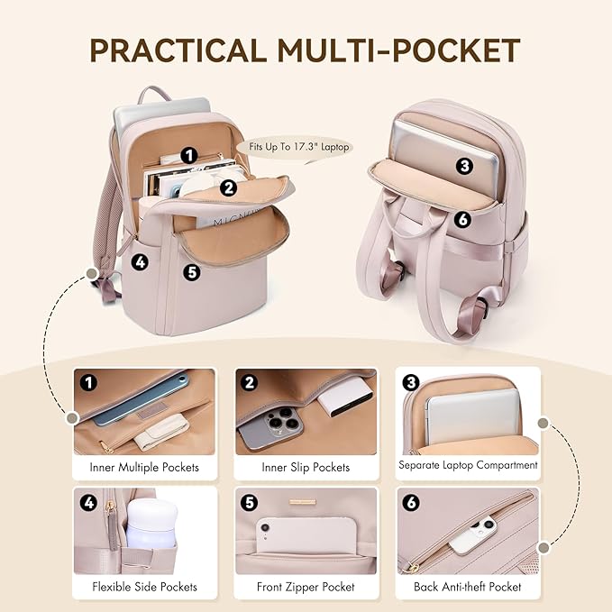 Laptop Backpack for Women Travel Work Commute Casual Daypack Backpack Purse Computer Bags Fit 16 Inch Notebook (Grayish Pink)