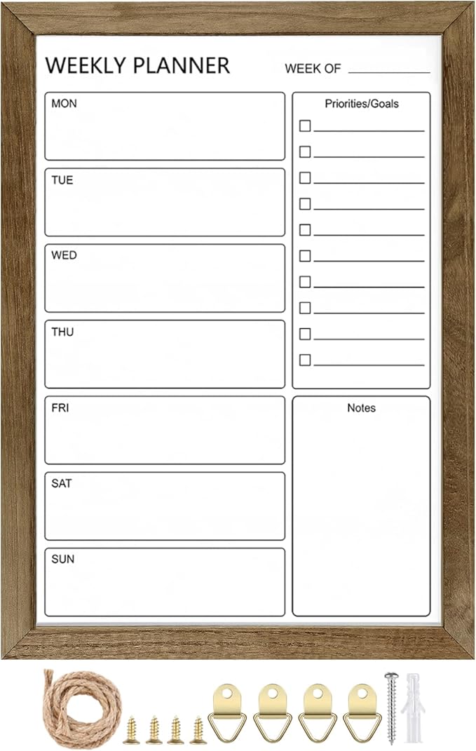 Dry Erase White Board Weekly Calendar Board, Magnetic Whiteboard for Wall,10.5“x14.5 Solid Wood Rustic Brown Framed Message Board, Planner Board for Office, Home, Schooll(Weekly-BB-RB-2737)