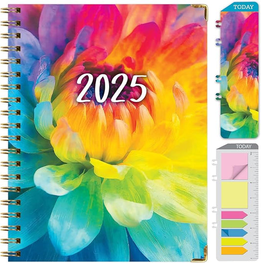 HARDCOVER 2025 Planner, 8.5"x11": 14 Months (November 2024 - December 2025), Daily Weekly Monthly Planner, Yearly Agenda, Bookmark, Pocket Folder and Sticky Note Set (Rainbow Petals)