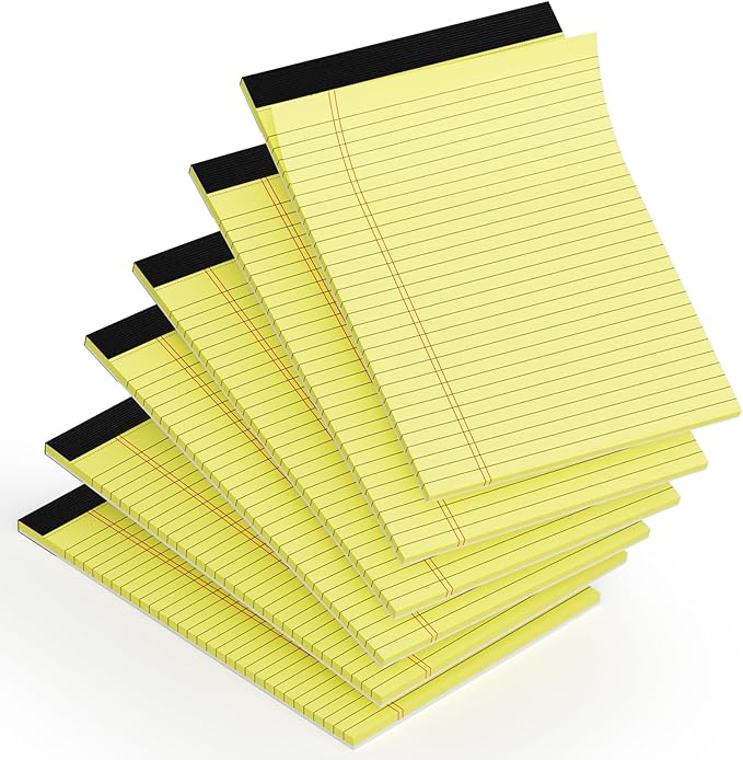 Yellow Legal Pads 8.5 x 11, 6 Pack, Wide Ruled, Yellow Note Pads 8.5 x 11, Writing Pads 8.5 x 11, Easy Tears Off, Double Sided, Cardboard Backing, Pads of Paper, 70 GSM Yellow Paper, 30 Sheets/Pad