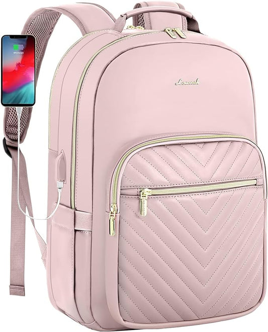 LOVEVOOK Leather Backpack for Women,15.6 inch Leather Laptop Backpack Women Computer Backpack Laptop Bag,Stylish Quilted Travel Backpack Purse Work Bag College Teacher Backpack with USB Port,Rose Pink