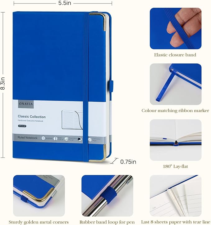 A5 Lined Journal Notebook - 100 GSM Thick Paper, Hardcover Journaling Notebook for Writing, Work, Travel, School, College Ruled Journal for Women Men, PU Leather Note Book,5.5”x8.3”- Klein Blue