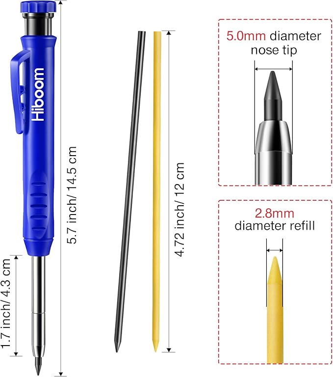 Hiboom 2 Pack Solid Carpenter Pencil with 14 Refill, Long Nosed Deep Hole Mechanical Pencil Marker with Built-in Sharpener for Carpenter Woodworking Architect with Design Patent (Black, Blue)