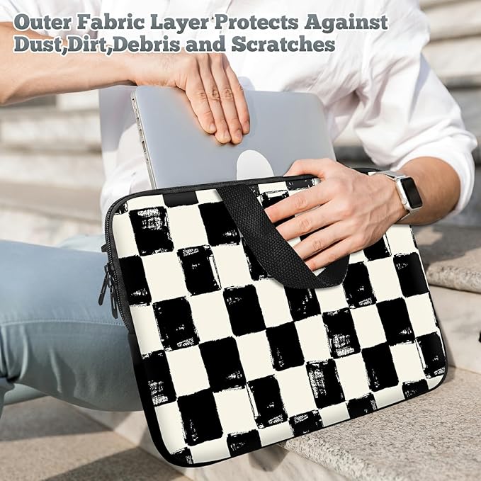 Laptop Sleeve Case Bag 15 inch, Black and White Checkered Slim Carrying Case Durable Handbag Travel Laptop Bag for 15 inch MacBook Air M3/M2/15 Pro/Surface Laptop 7/6/5/4/3/ Dell XPS 15 Plus