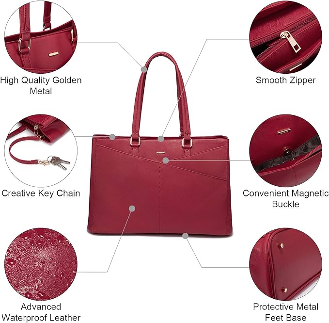 Laptop Tote Bag for Women 15.6 Inch Waterproof Leather Computer Bags Women Business Office Work Bag Briefcase Red