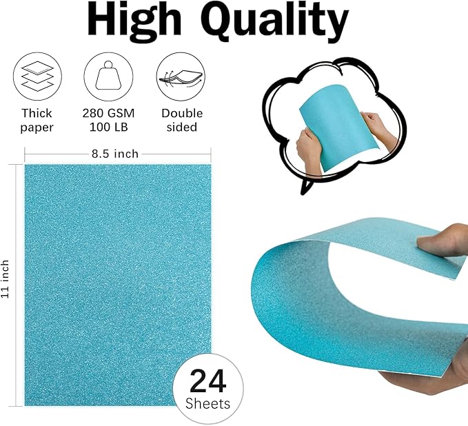 Blue Glitter Cardstock 8.5x11 Double-Sided 24 Sheets, Goefun Light Blue No-Shed Glitter Paper 280GSM/100lb Heavy Card Stock for Gift Wrapping, Birthday, Anniversary, Holiday, Greeting Cards