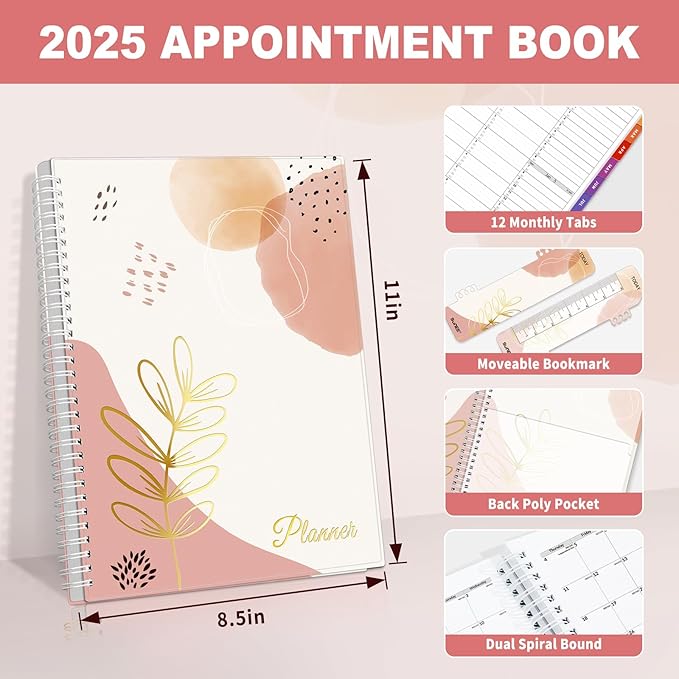 SUNEE 2025 Appointment Book, Quarter-Hourly, Weekly & Monthly - from January 2025 - December 2025, 8.5"x11" Weekly Planner, Flexible Cover, Note Pages, Pockets, Bookmark, Spiral Binding, Pink Breeze