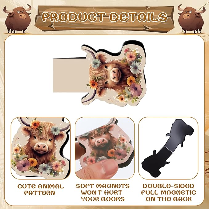 Highland Cow Magnetic Bookmark - 12 Pcs Funny Animal Bookmarks Magnetic Floral Book Mark Magnets Cute Cow Magnets Bookmark Page Clip Gift for Book Lovers Students Teacher Reading Book Marks