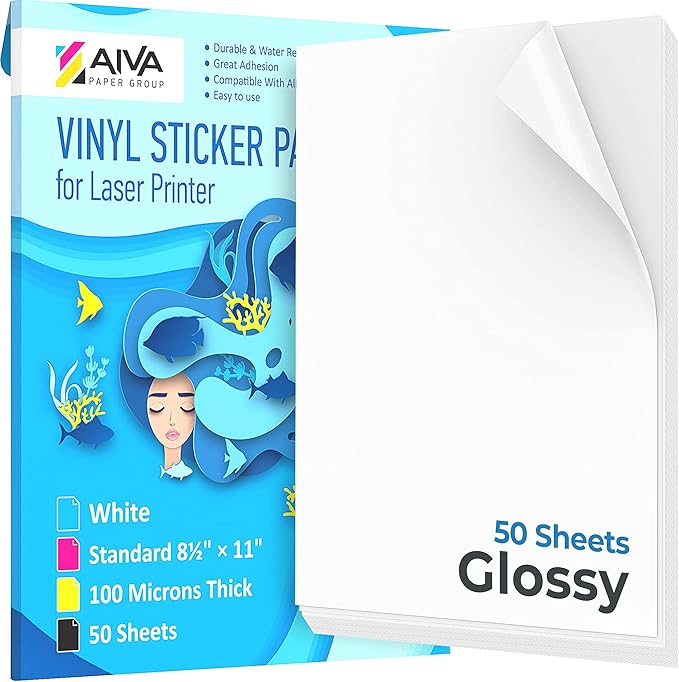 Printable Vinyl Sticker Paper for Laser Printer - Glossy White - 50 Self-Adhesive Sheets - Waterproof Decal Paper - Standard Letter Size 8.5"x11"
