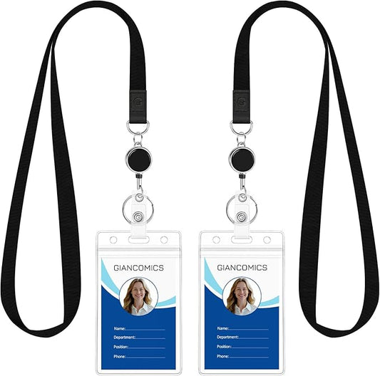 Giancomics Black Lanyards for Id Badges, Lanyards with Retractable Reel, Waterproof ID Badge Holder for Cruise Ships Cards Key, Office Work Name Tag Zip Type Card Protector 2 Pack