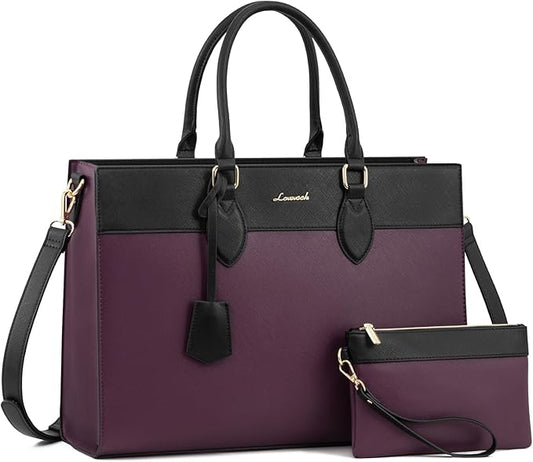 LOVEVOOK Laptop Bag for Women, 15.6 inch Laptop Tote Work Bag Purse, Large Waterproof Leather Computer Briefcase for Office, Purple-Black