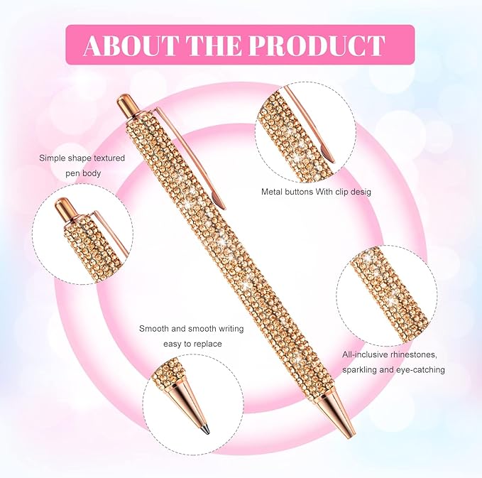 12Pcs Rhinestone Pens Bling Metal Ballpoint Diamond Pens Bulk Fancy Sparkly Crystal Press Retractable Black Ink 0.7mm For Women Office Meeting Birthday Supplies Wedding Gifts(6colors)