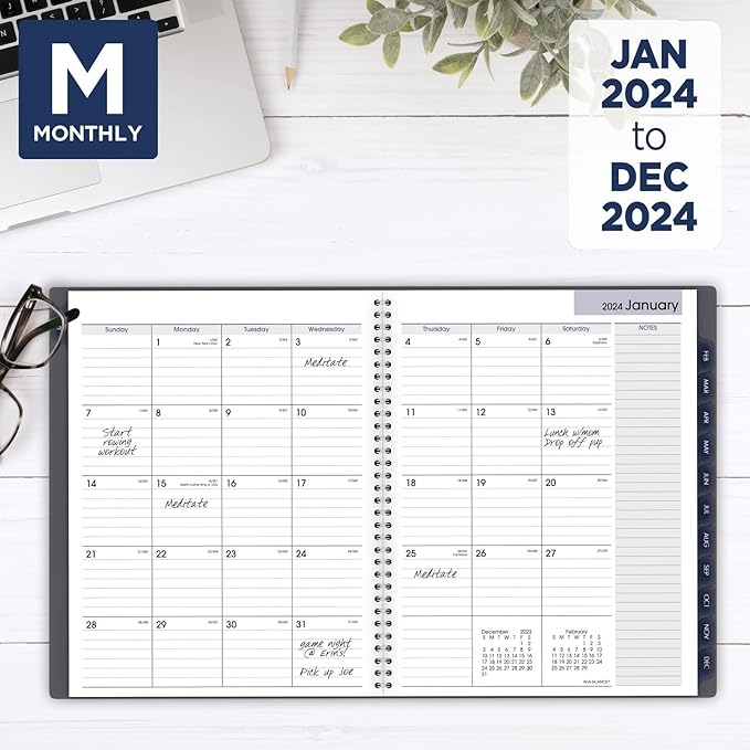 AT-A-GLANCE 2024 Weekly & Monthly Planner, DayMinder, Quarter-Hourly Appointment Book, 8-1/2" x 11", Large, Spiral Bound, Monthly Tabs, Gray (GC5200724)