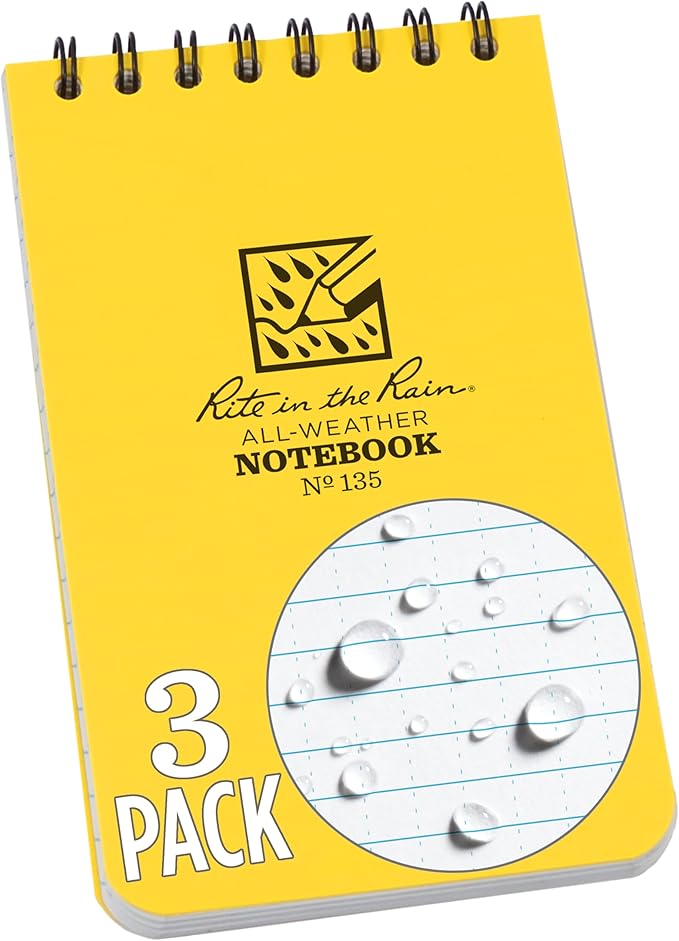 Rite in the Rain Weatherproof Top Spiral Notebook, 3" x 5", Yellow Cover, Universal Pattern, 3 Pack (No. 135-3X)