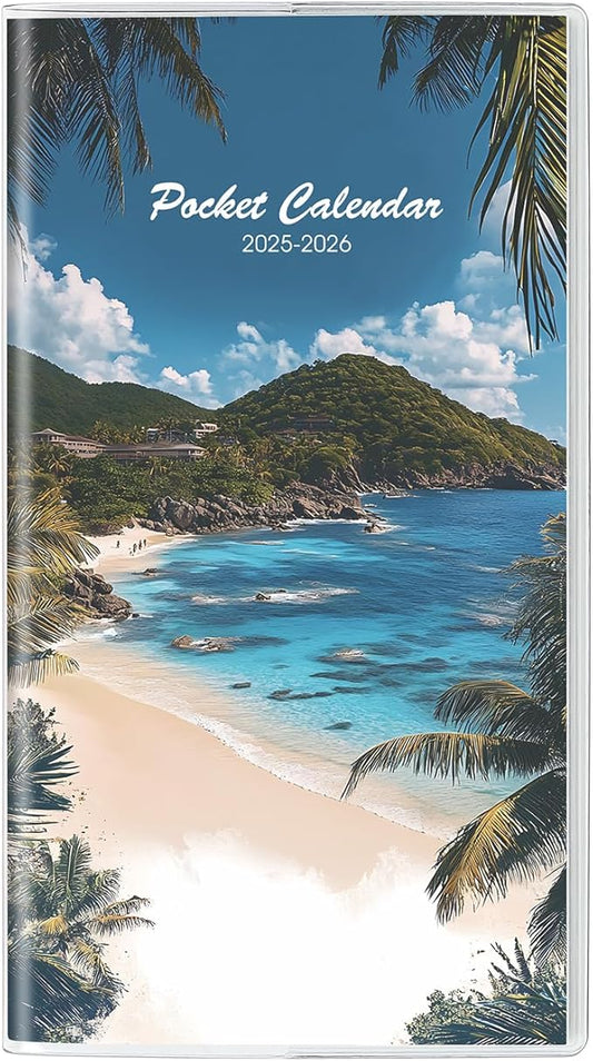 Pocket Calendar 2025-2026, Small Monthly Planner 2025-2026 - 3.7" x 6.7" - Runs from January 2025 Until December 2026, Pocket Calendar 2025 with Beach Cover for Planning