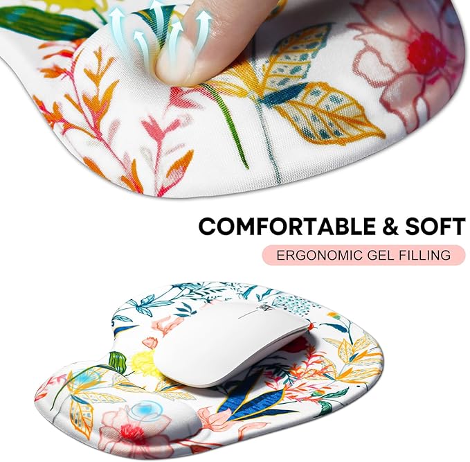 JIKIOU Mouse Pad, 2 Pack Ergonomic Mouse Pads with Comfortable Gel Wrist Rest Support and Lycra Cloth, Non-Slip PU Base for Easy Typing Pain Relief Durable and Easy to Clean Small White Flowers