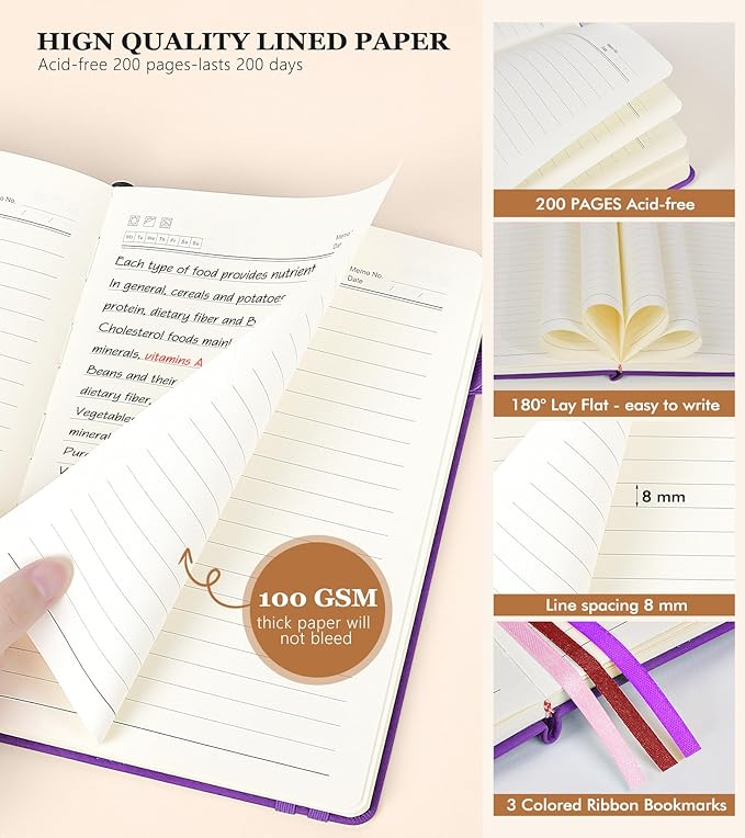 Lined Journal Notebook for Women and Men,Hardcover Leather Journaling Notebook for Writing, Travel, Business, Work and School,200 Pages A5 Notebook for Note Taking, Diary 5.9" × 8.5" - Purple