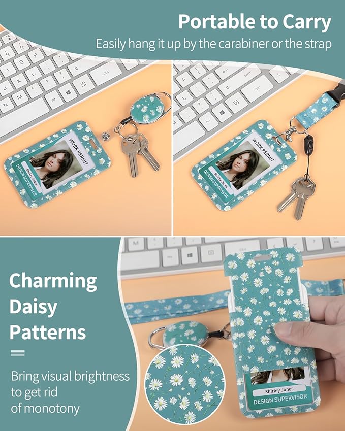 Uniclife Floral Sliding Badge Holder White Daisy Plastic Case with Retractable Badge Reel Carabiner Clip & Detachable Lanyard Strap Fashionable Vertical Card Protector for Women Nurse Teacher Student