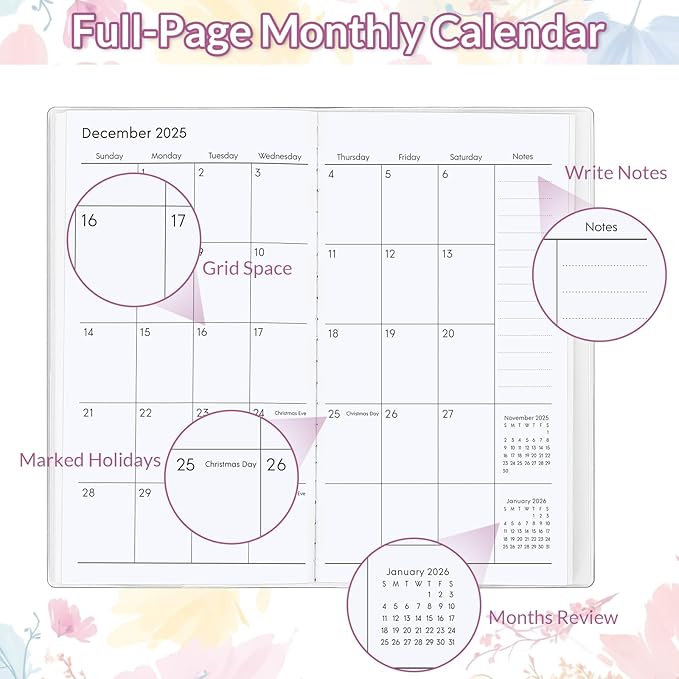 Pocket Calendar 2025-2026, Floral Monthly Planner 2025-2026 - 3.7" x 6.7" - Runs from January 2025 Until December 2026, Pocket Calendar 2025 with PVC Cover for Organizing & Planning